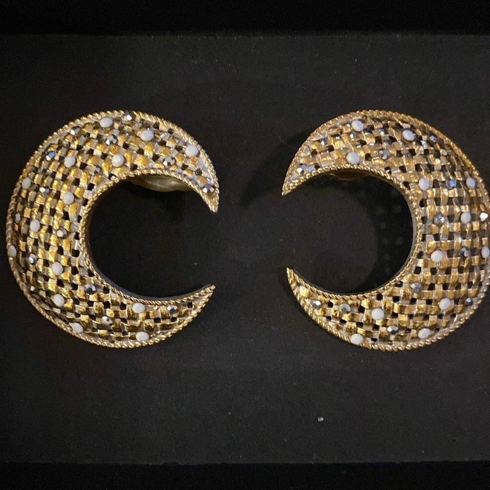 Jose & Maria Barrera crystal Gold Plated crescent moon Earrings